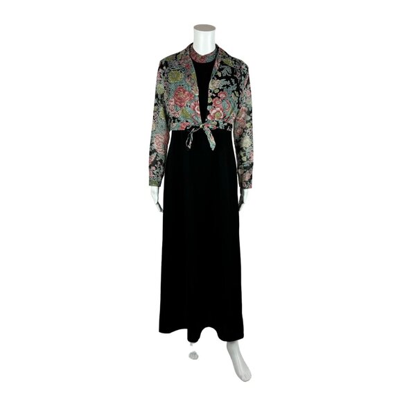 Vintage 70s Maxi Dress Women's Small Black Pink Floral Boho Set